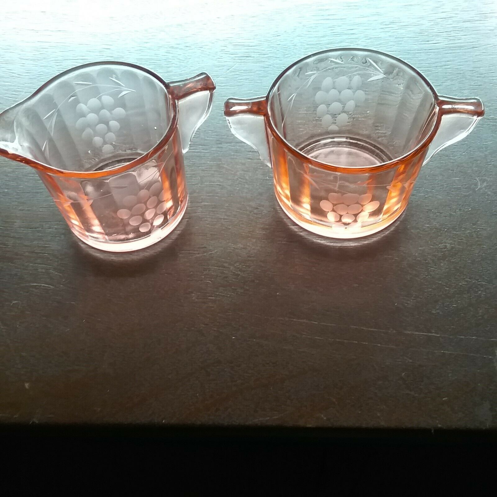 Jeannette Hex Optic Pink Depression Glass Etched Grapes Sugar Bowl & Creamer