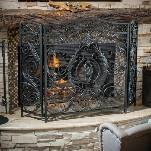 Waterbury Traditional Iron Fireplace Screen, Silver On Black
